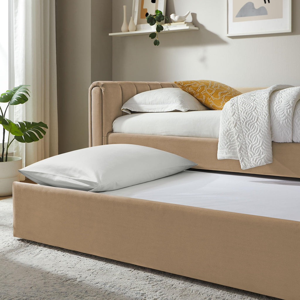 Veyla Twin Size Performance Velvet Daybed in Taupe with Trundle - Channel Tufted Upholstered Sofa Bed with Wood Slat