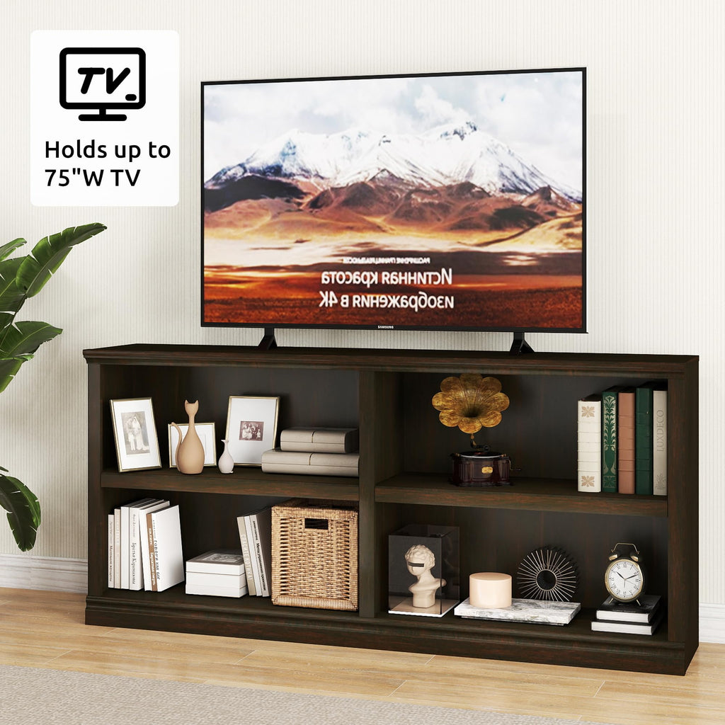 Low Horizontal Bookshelf Double Wide 64" 2-Tier Bookcase 4 Cube Storage Organizer Cherry Wood Bookcases Decor Display