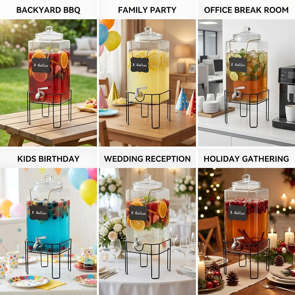 2 Gallon Glass Drink Dispenser, Drink Dispensers for Parties, Beverage Dispenser with Stand and Glass Lid, 100%