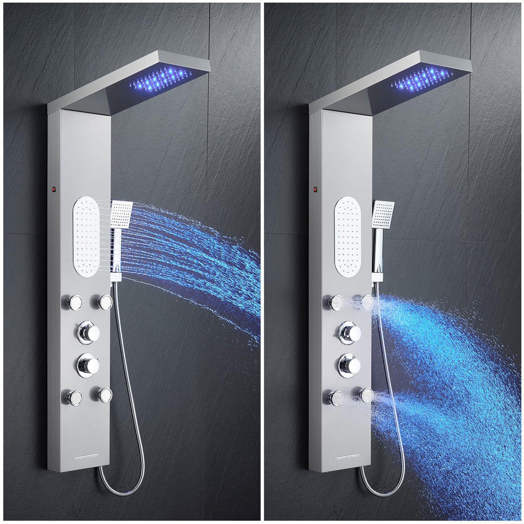 5-Function LED Shower Panel Tower System 4 Jets Stainless Steel