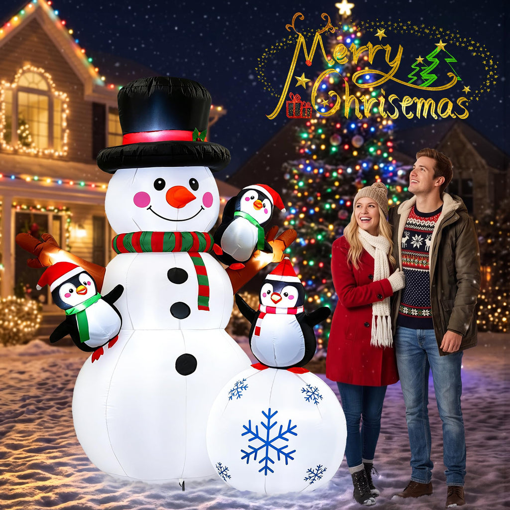 7 FT Christmas Inflatable Snowman with 3 Penguins, Giant Lighted Blow Up Snowman, Outdoor Christmas Yard Decorations