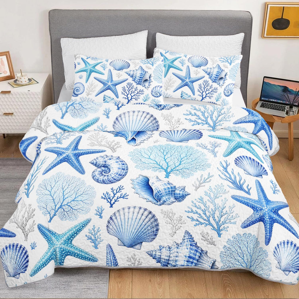 Blue Ocean Quilt Coastal Bedding with 2 Pillowcases.