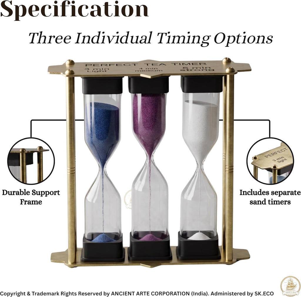 Sand Timer Hourglass Set with Blue Purple White Sand, Brass-Tone Metal Frame, Multiple Timing Options, 4.6 Inch - Set of 3