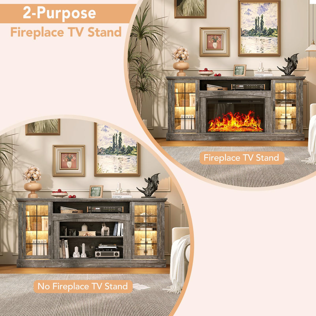2-in-1 Multifunctional Fireplace TV Stand with 30" Removable Electric Fireplace, 70" Farmhouse Entertainment Center