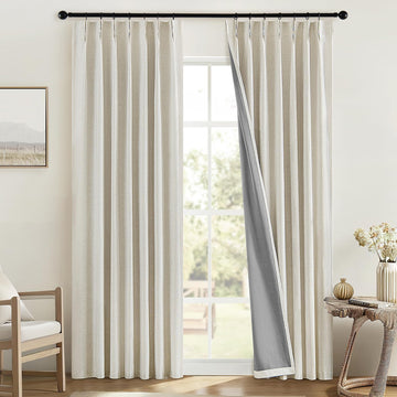 Linen Pinch Pleated 100% Blackout Curtains for Bedroom 84 Inch Long 2 Panels Set - Back Tab Track Cream Black Out