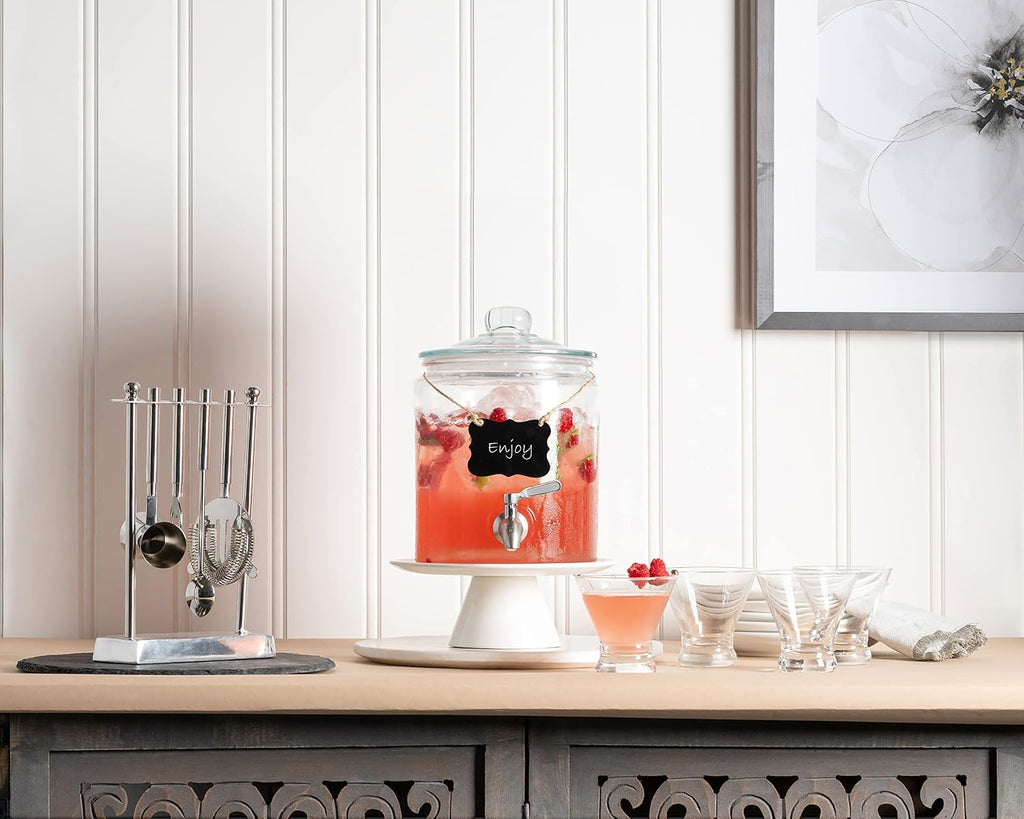 1 Gallon Beverage Dispenser with Stainless Steel Spigot + Marker & Chalkboard 100% Leakproof Glass Drink Dispenser