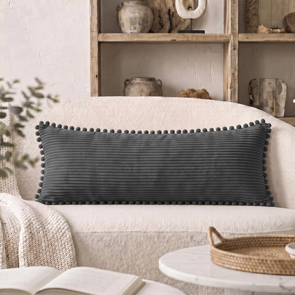 1 Pack Dark Gray Long Lumbar Body Decorative Throw Pillow Covers 20x54 Inch with Pom-poms for Couch Sofa, Farmhouse