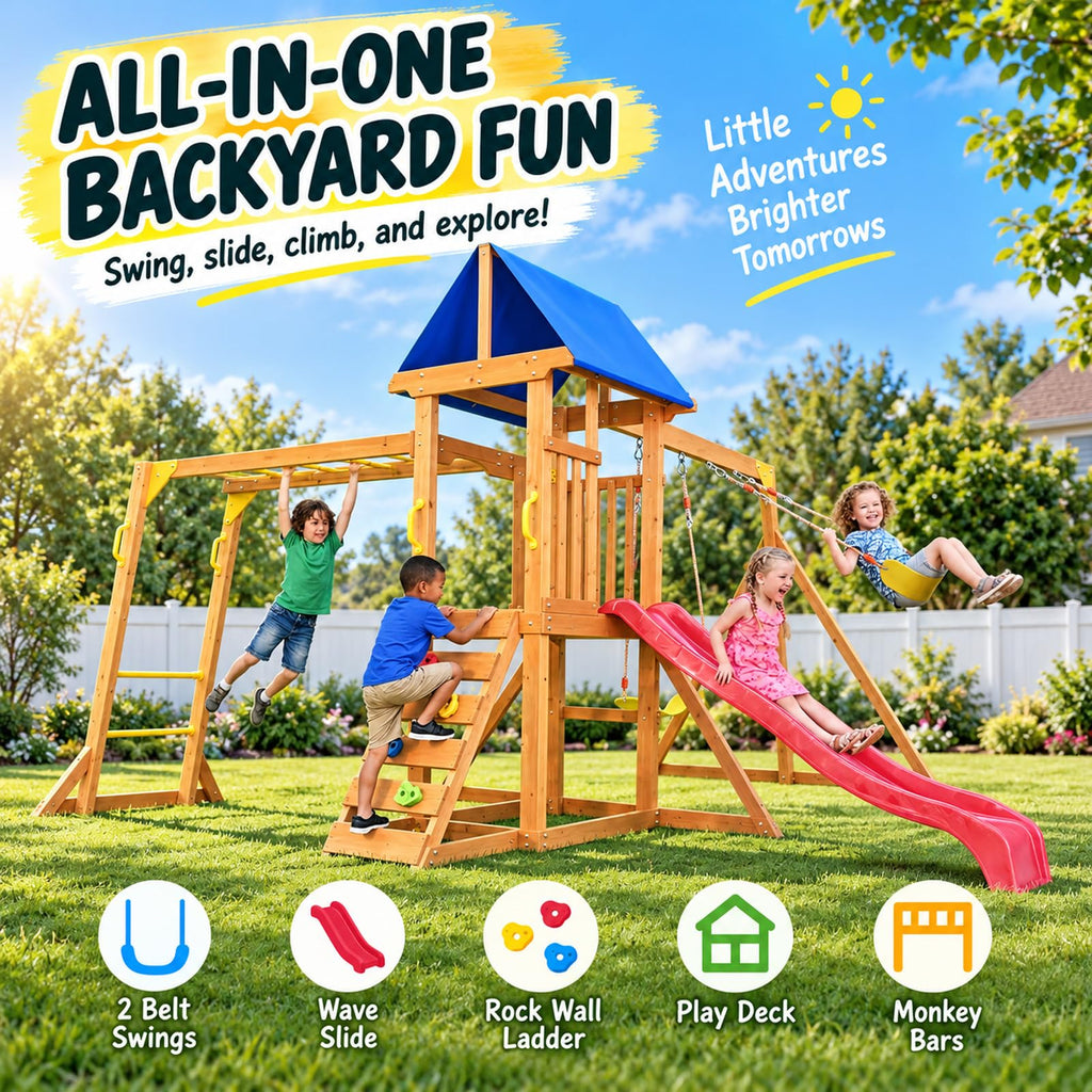 Wooden Swing Sets for Backyard with Monkey Bar, Outdoor Playset for Age 3-6