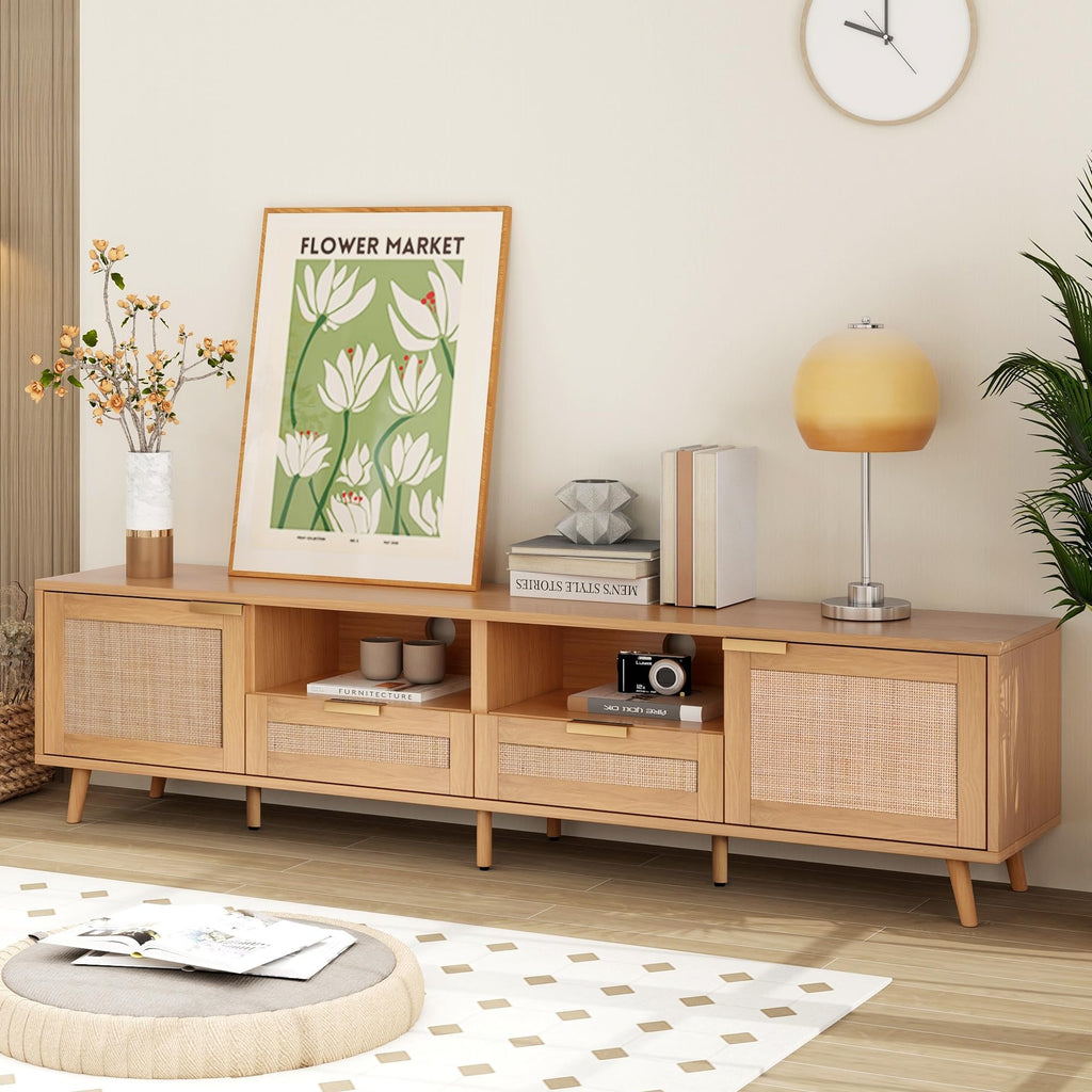 Boho TV Stand with Rattan Doors & Drawers, for TVs up to 85"