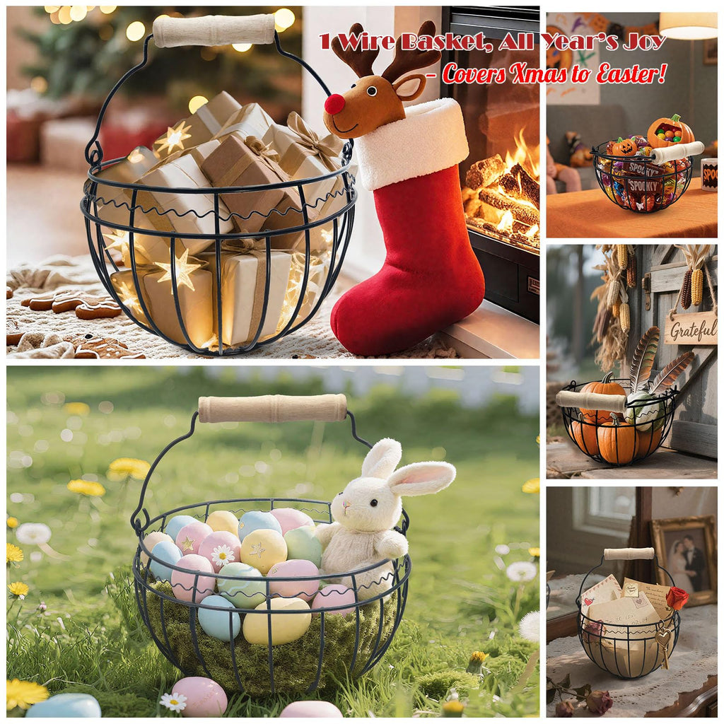 Wire Egg Basket for Gathering Fresh Eggs, Wooden Handle, Small, Holds 24