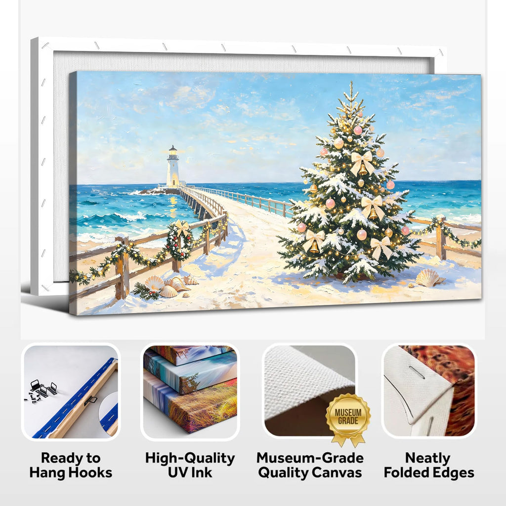 Coastal Christmas Wall Art, Rustic Beach Canvas Prints Holiday Tree Pictures, Vibrant Winter Seaside Painting Ocean