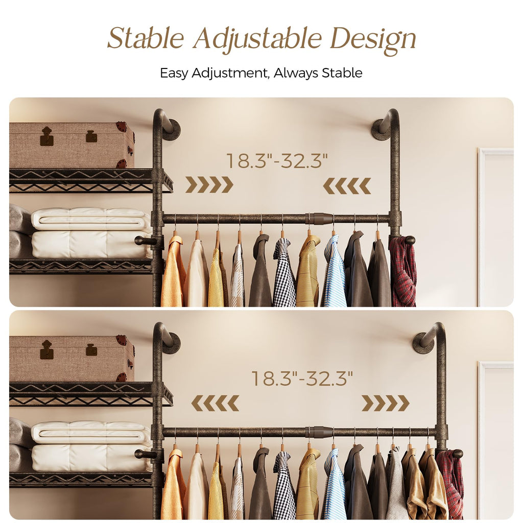 Wall Mounted Closet System, 3-Row Heavy Duty Garment Rack, Black and Gold