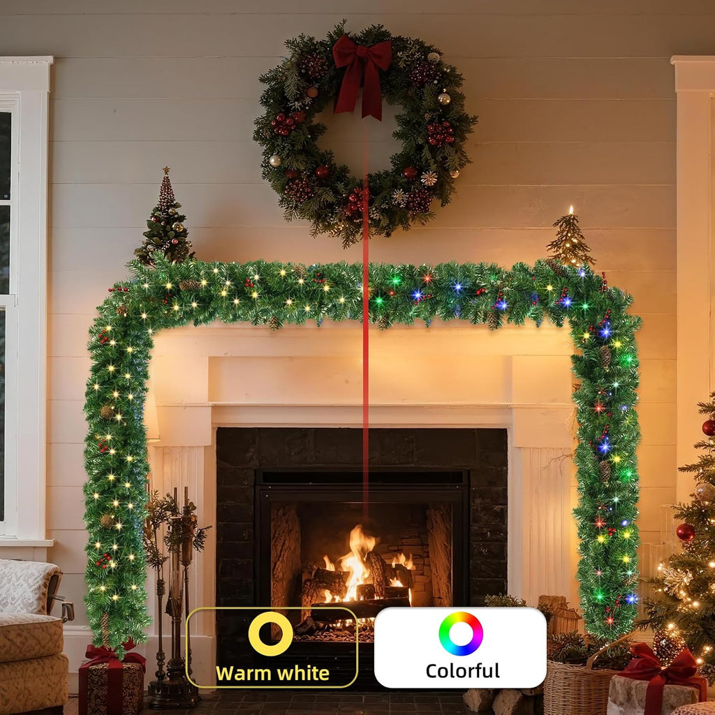9ft Pre-lit Christmas Garland, with 8 Lighting Modes & Decorations