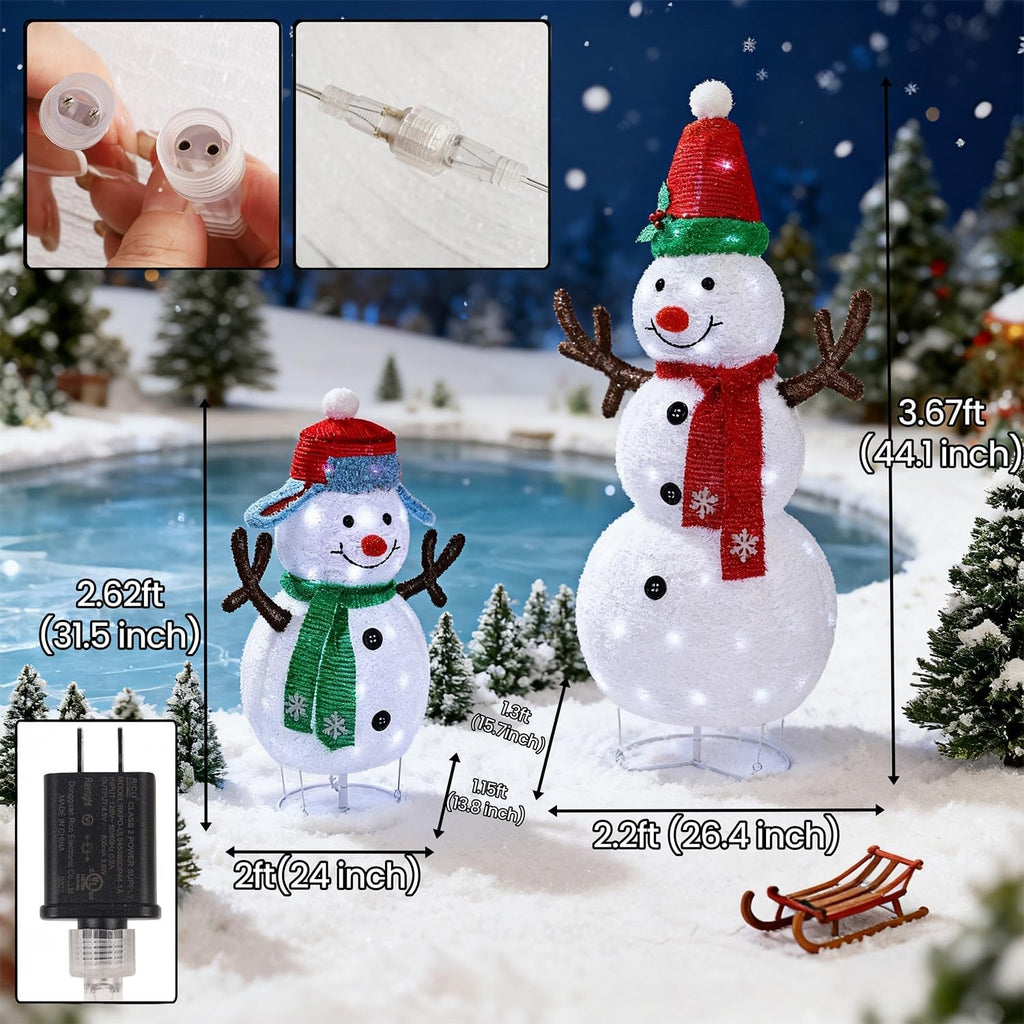Set of 2 Lighted Christmas Snowman Decorations, 3.6+2.6FT Outdoor Pre-Lit White Snowmen with Lights, Light Up