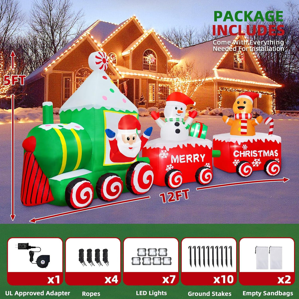 12FT Christmas Inflatable Santa Claus on Train Outdoor Decorations, Lighted Inflatable Christmas Train with Snowman