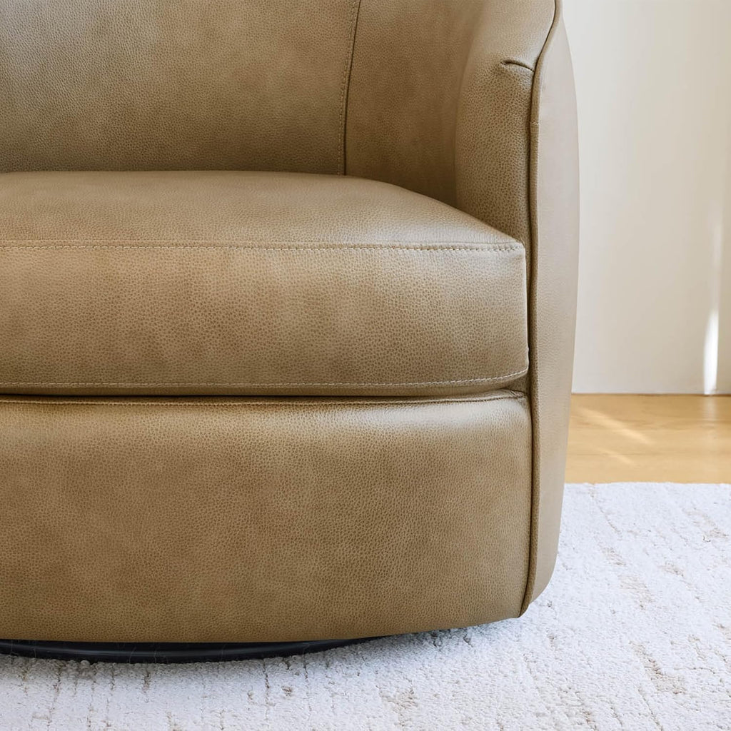Genuine Leather Swivel Barrel Accent Chair, Fully Assembled, Mocha