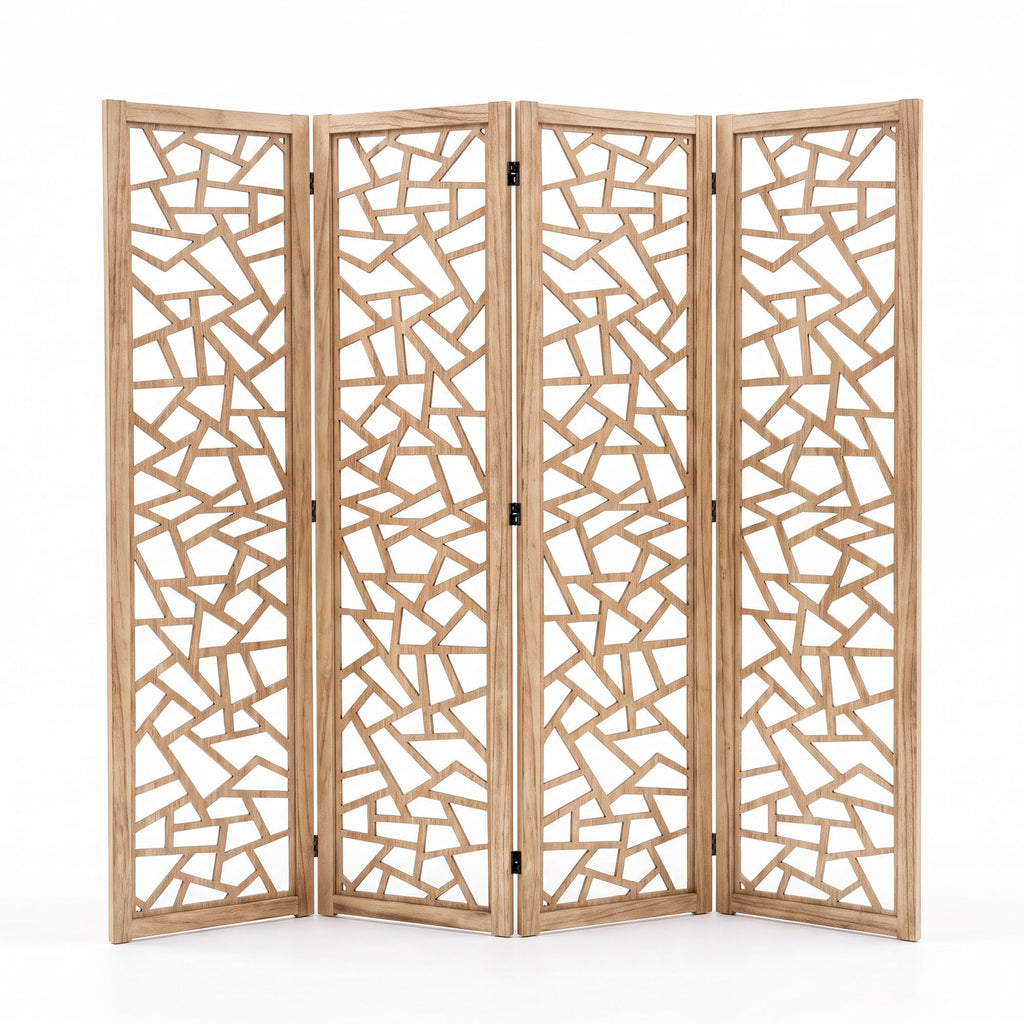 5.6FT Japanese Geometric Fabric 4-Panel Room Divider, Natural