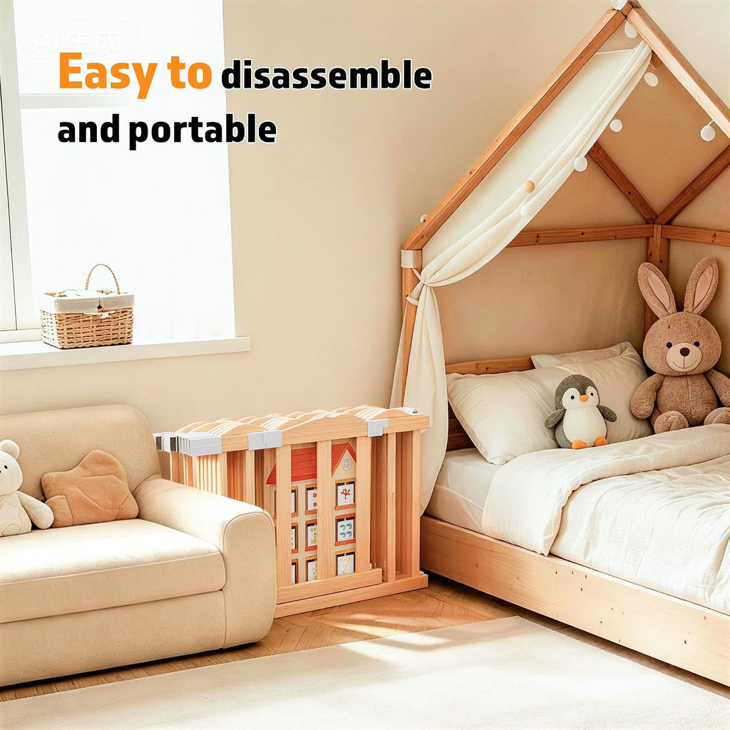 Wooden Baby Playpen with Built-in Activity Panel, 98x65x24In | Large Adjustable Natural Pine Wood Play Pen with