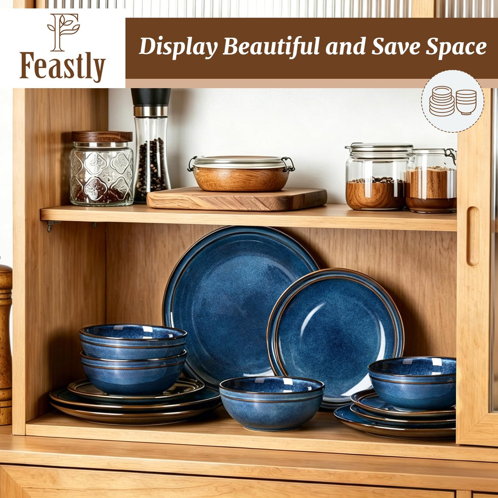 Plates and Bowls Sets 12 Pieces, Blue Reactive Glaze Dinnerware Set