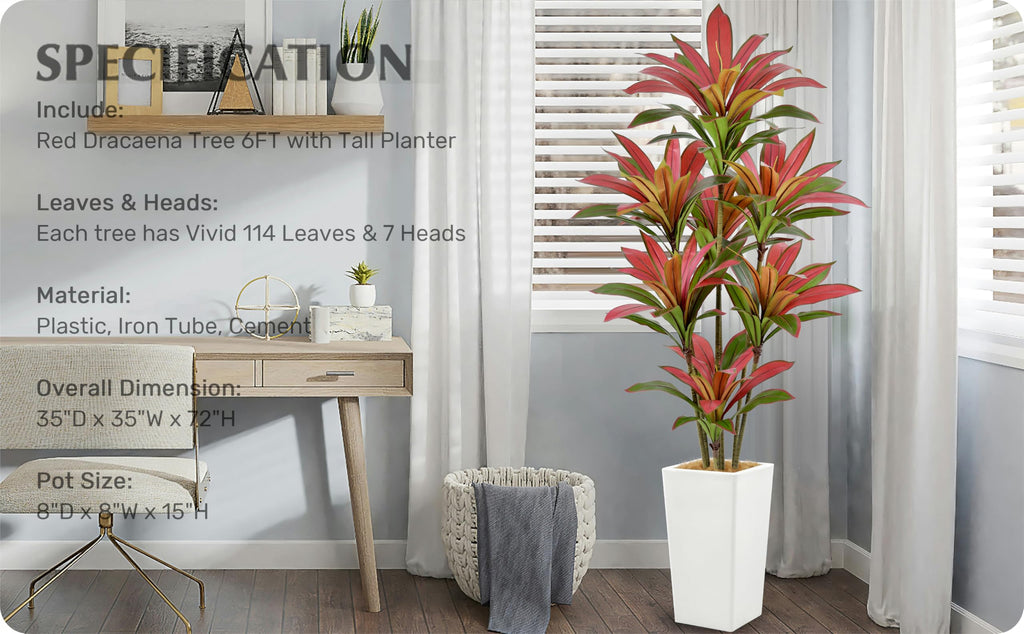 Artificial Red Dracaena Tree 6FT 114 Leaves & White Tall Planter