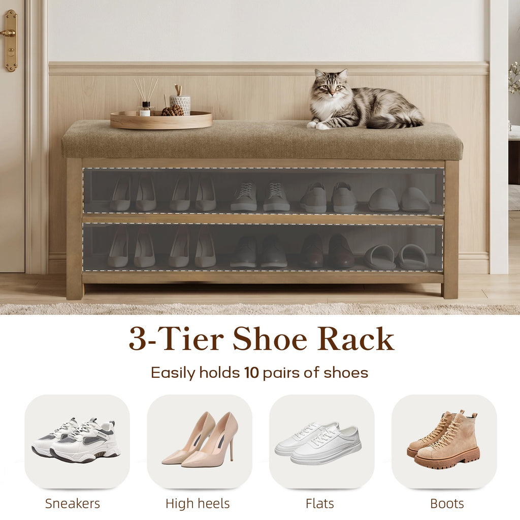 Shoe Rack Bench with Cushion, 2 Tier Solid Wood Storage Bench, Mid-Century Modern Shoe Bench, Closet, Front Door