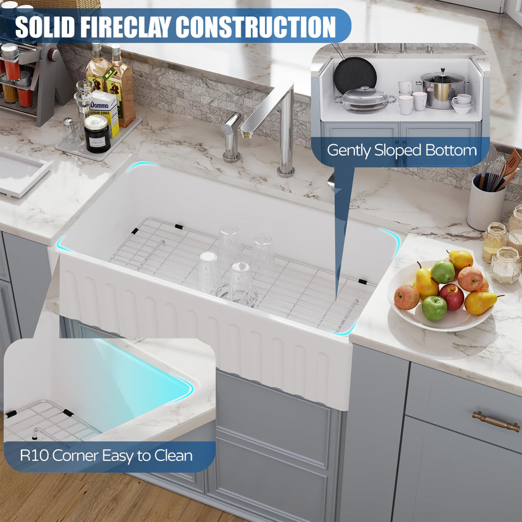 30 White Farmhouse Sink Reversible Workstation, Undermount Farm Kitchen Sink 30x20 inch Apron Front White Porcelain