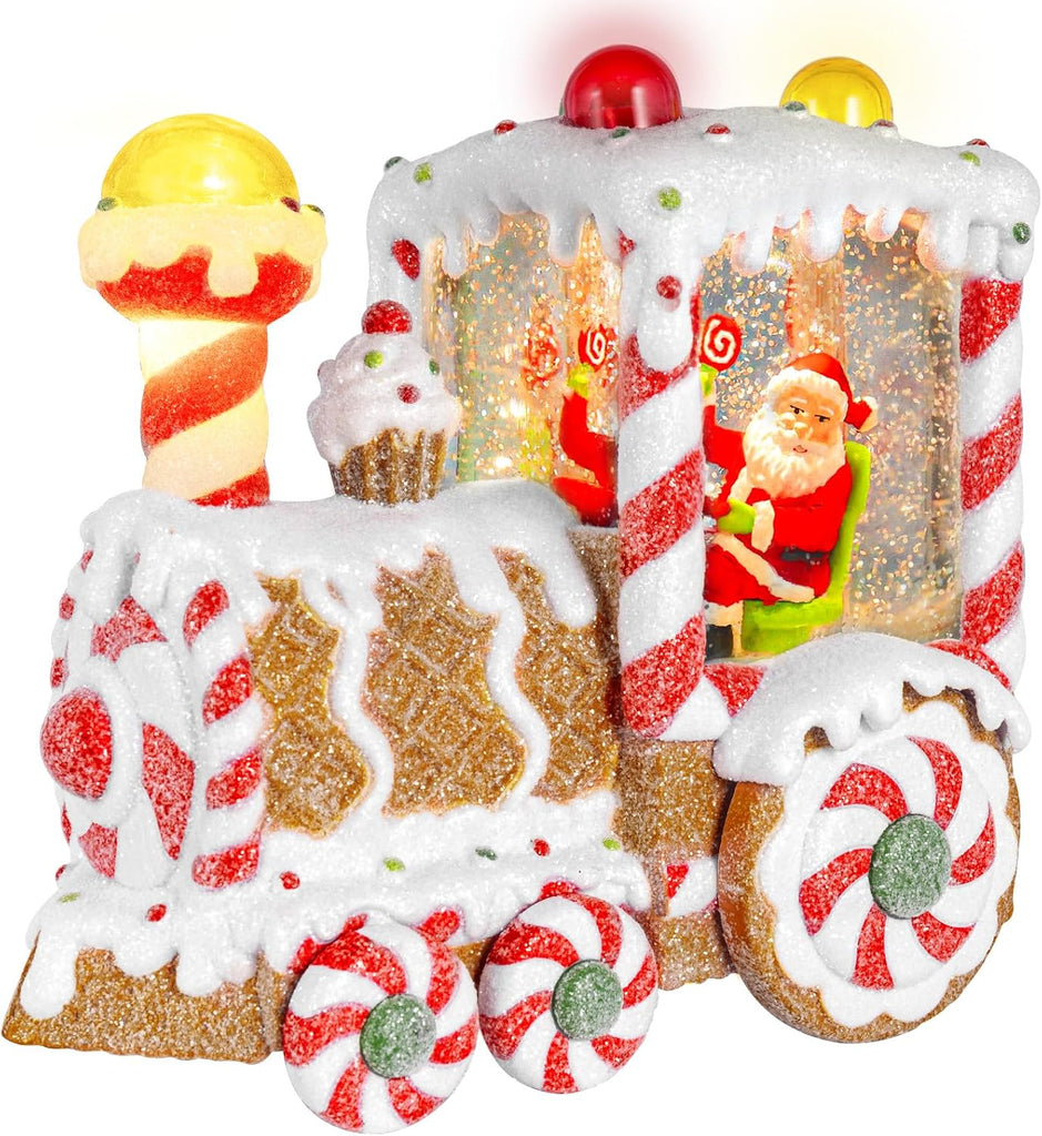 Christmas Snow Globes Dessert Train Water Glittering Lantern with 6H Timer Function Santa Snow Globe Christmas 3 AA
