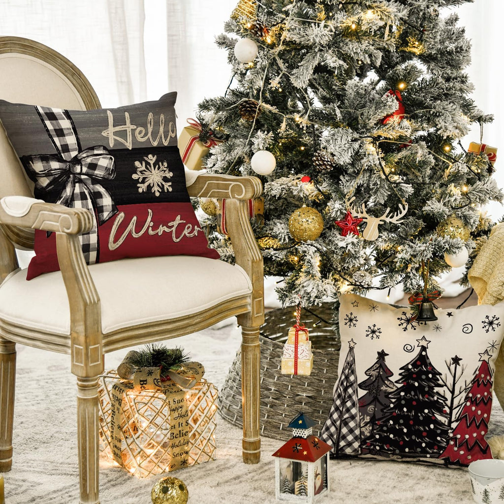 Merry Christmas Joy Xmas Trees Red Throw Pillow Covers, 20x20 Inch Christmas Winter Holiday Cushion Case Decoration - Set of 4