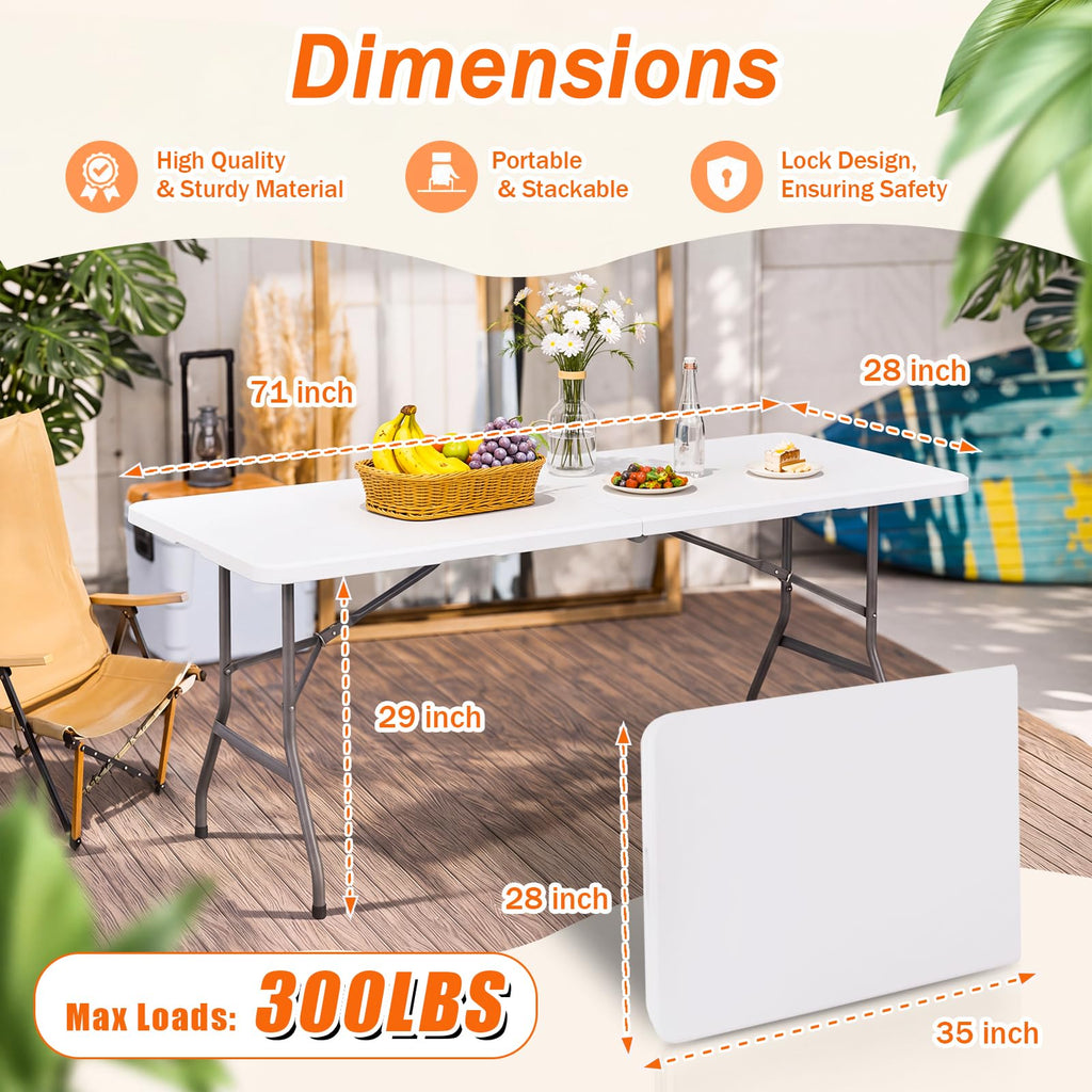 6FT Portable Folding Table, White Square Card Table with Carrying Handle & No Assembly, Slim Folding Table Built in