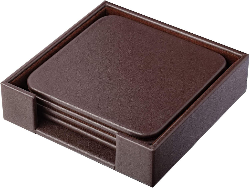 Chocolate Brown Genuine Leather 4" Round Coaster Set