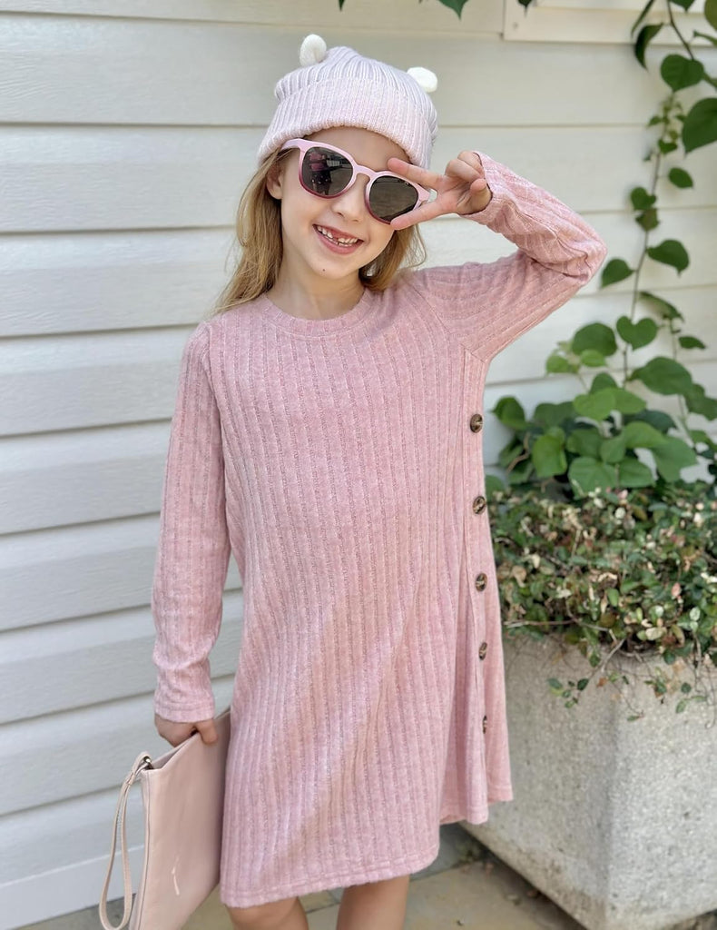 Girls Long Sleeve Dress Fall Winter A-Line Buttons Casual Dresses