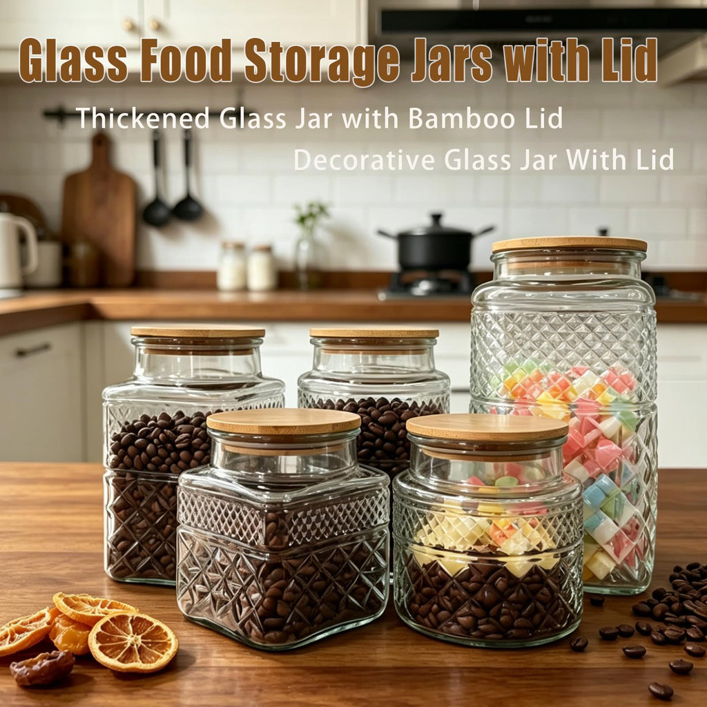 60oz Square Glass Storage Jars with Airtight Lids and Spoon
