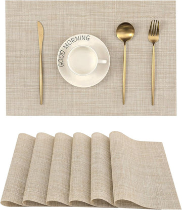 Woven Vinyl Beige Placemats - Linen Look & Easy to Clean - Set of 6