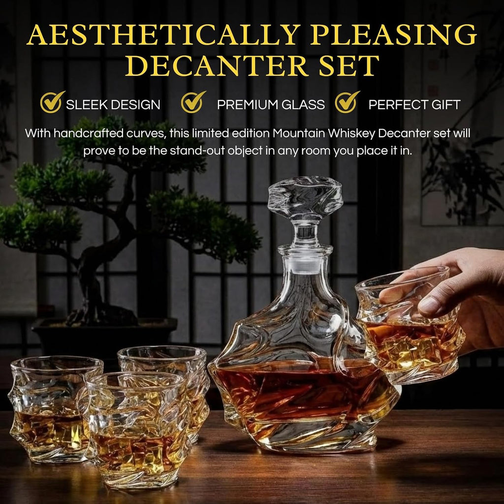 Storm Japanese Crystal Whisky Decanter Set with 4 Tumbler Glasses, Lead-Free Liquor Carafe & 10oz Rocks Glasses
