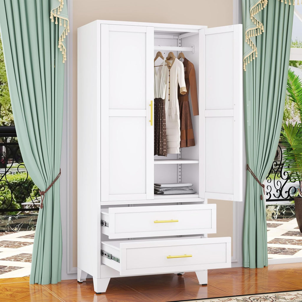 Metal Wardrobe Cabinet with Hanging Rod, Clothing Storage Cabinets | with 2 Door, 1 Adjustable Shelf and 2 Drawers