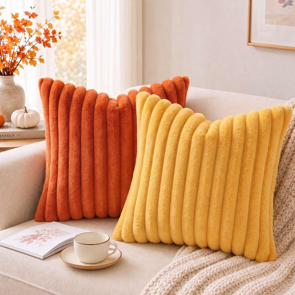 Faux Fur Fall Decorative Throw Pillow Covers 16x16 Set of 2, Rust