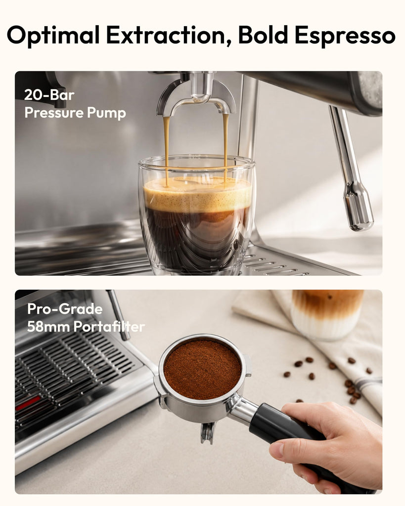 Espresso Machine with Grinder, 30 Grind Settings, 20 Bar Coffee Maker with 58mm Portafilter, Expresso Coffee Machines
