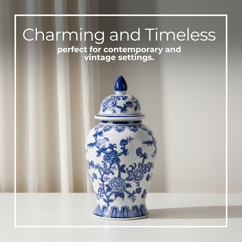 Decorative Ginger Jar Decor - Ceramic Jar With Lid, Chinoiserie Pattern, Large Tabletop Accent or Entry Shelf