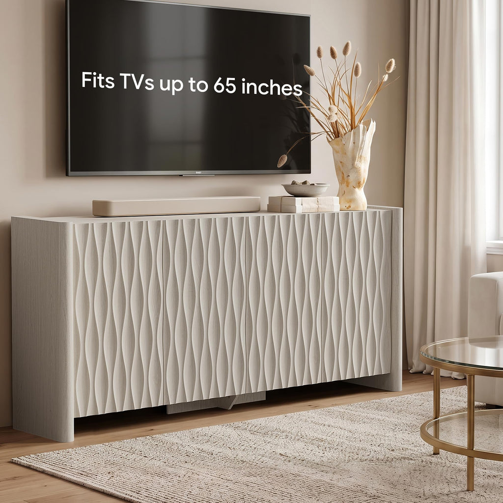 61" Textured Wave Sideboard Buffet Cabinet with Storage, Off White