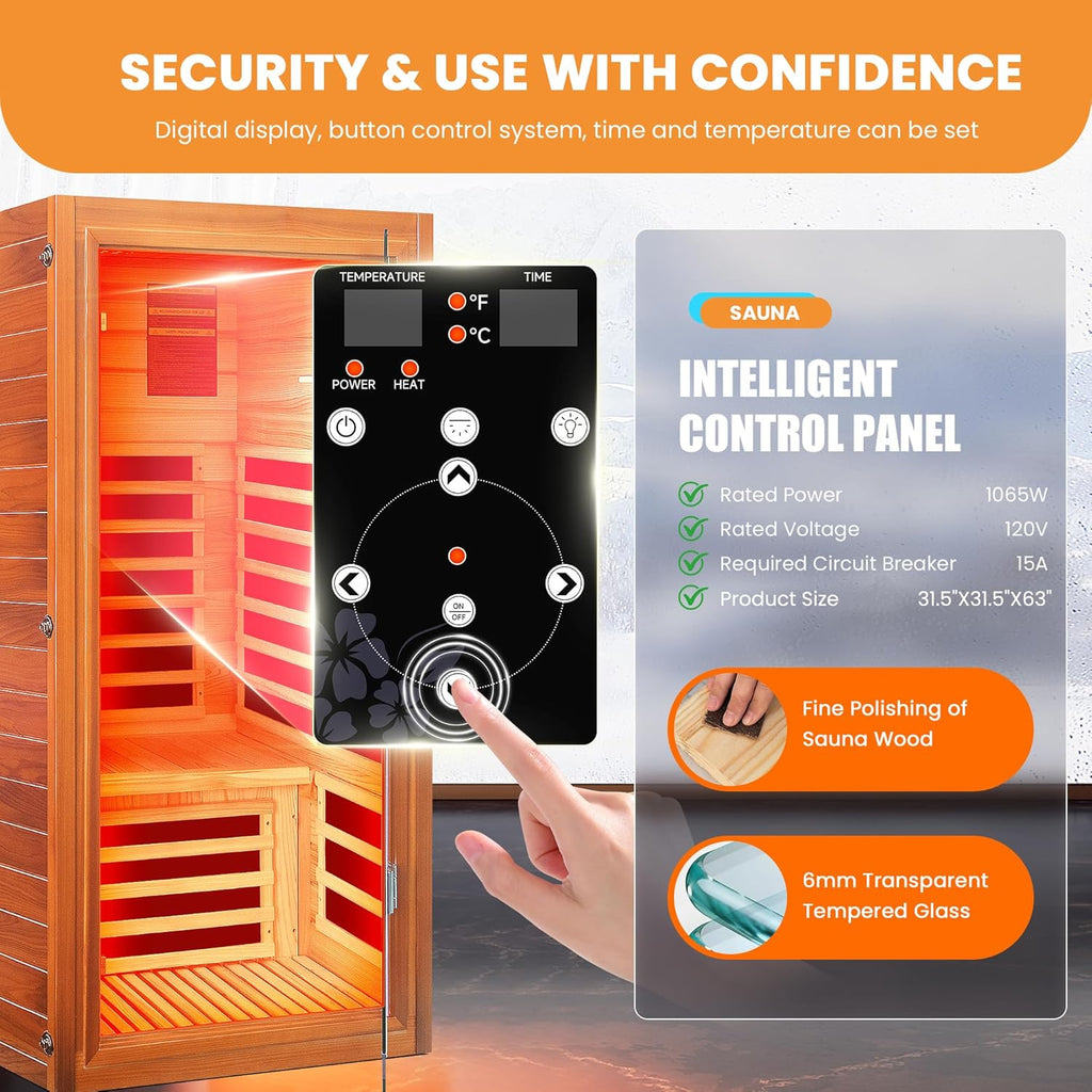Far Infrared Sauna for Home 1 Person Indoor Wood Sauna Personal Spa Room 1065W 120V with Red Light Bluetooth Speakers