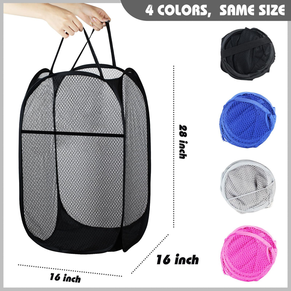 Collapsible Pop Up Laundry Hamper, Extra Large Mesh Foldable Laundry Basket Bag, 28" x 16" x 16", 4 Pack (Black +