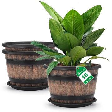Large Plastic 3 Pack16 inch Plant Pots, Whiskey Barrel Planters