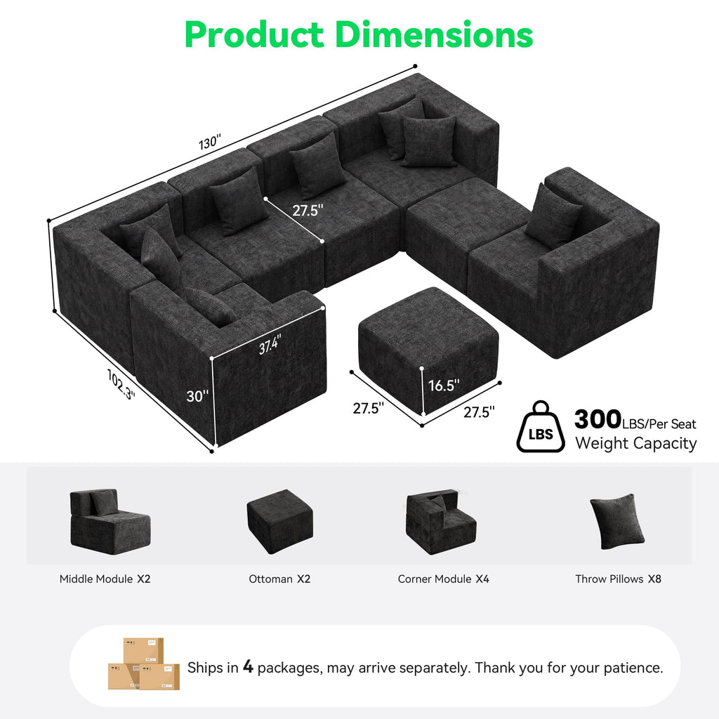 Oversized Boneless Sectional Couch 08-Seat, Chenille, Black