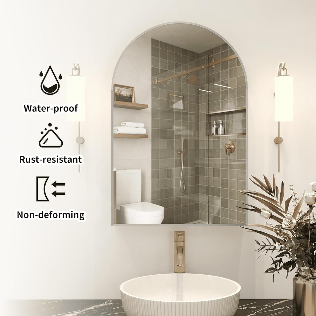 24x36 Inch Arch Bathroom Mirror Medicine,Cabinet,Brushed Silver Wall Mounted Bathroom Mirror with Storage,Adjustable