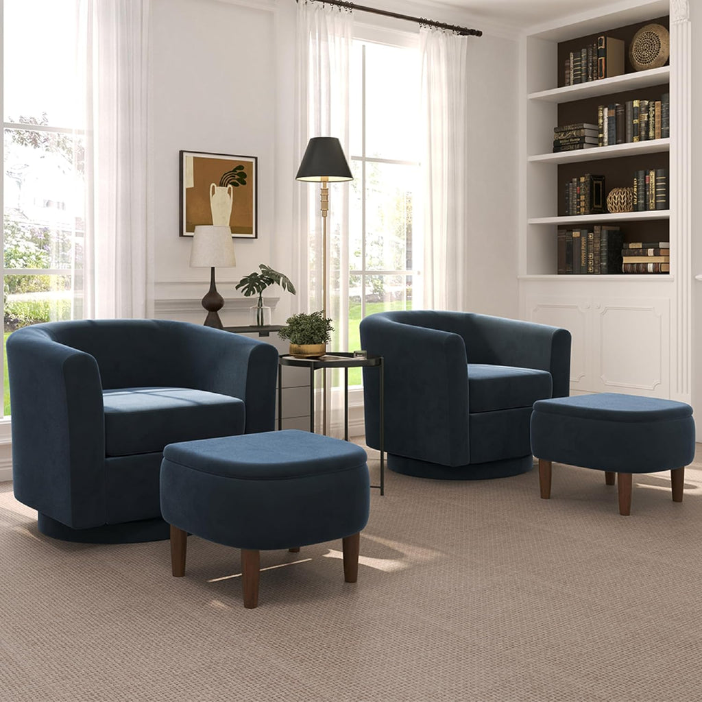 Swivel Accent Chair with Storage Ottoman Set of 2, Modern Velvet Barrel Chair, Upholstered Armchair with Footrest