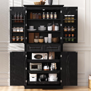 Farmhouse Pantry Cabinet with Drawers and Door Shelves, Black | Farmhouse Pantry Cabinet, Tall Storage Cabinet With