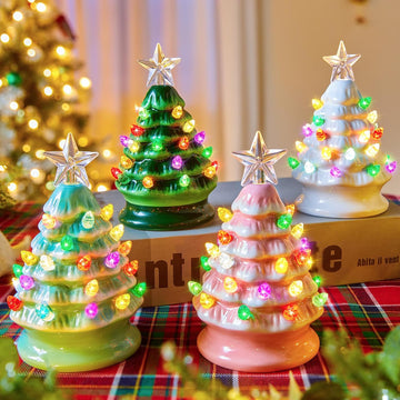 5 Inch Mini Ceramic Christmas Tree Set - 4 Pack Pre-lit Tabletop Christmas Tree with Multicolored LED Light, Battery