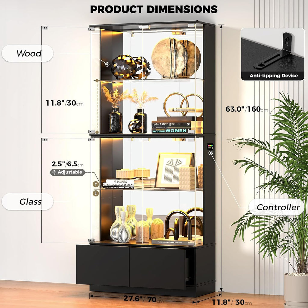 Display Cabinet with Glass Doors, 4-Tier Curio Cabinet with RGB Lights for Collectibles, Display Case with 2 Drawers