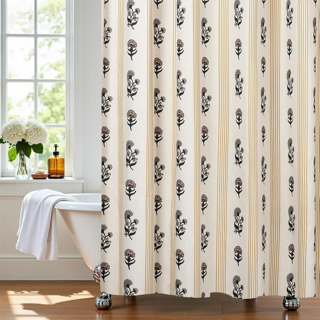 Brown Floral Linen Shower Curtain - Vintage Block Print Striped Shower Curtain Set,Rustic Farmhouse Frenchy Bathroom