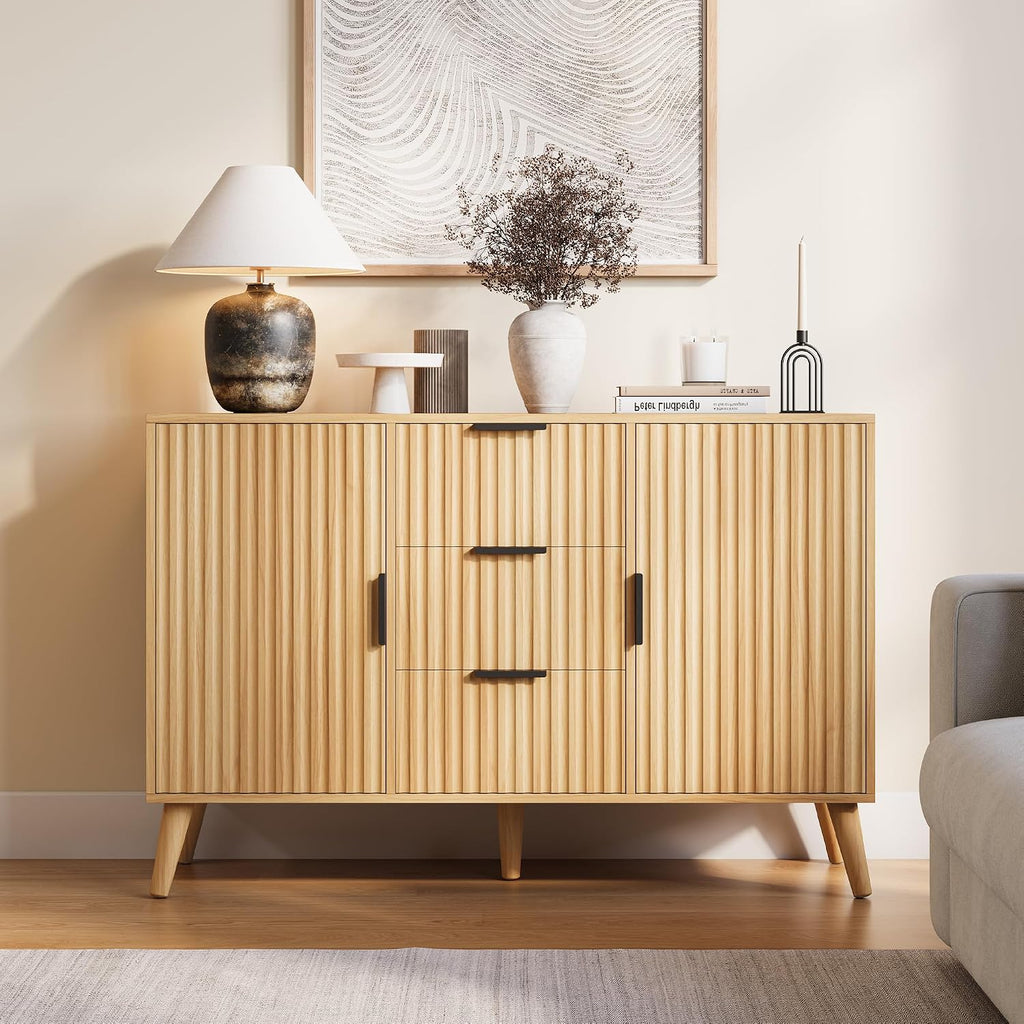 47" Fluted Sideboard Buffet Cabinet with 3 Drawers & 2 Doors - Modern Credenza with Tapered Legs, Natural Wood